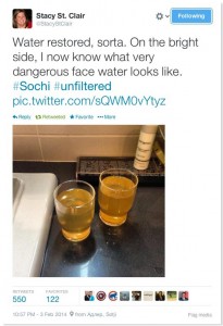 A reporter tweeted a picture of two glasses of water from Sochi, Russia.  Hotels advised residents to avoid the water because it was "dangerous."