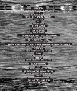 The official album track list of A$AP Rocky's album, "Long. Live. A$AP." 
