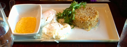 Crabcake and poached eggs with hollandaise sauce