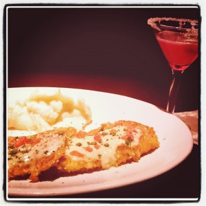 Prickly Pear margarita and parmesan crusted chicken with mashed potatoes (Photo by Melissa Mallin).