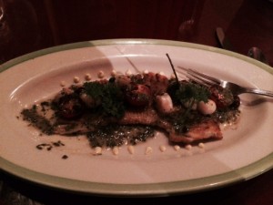 Spotted skatewing with Baja Bay scallops, tomatoes, caper berries and an herb beurre blanc (Photo by Emelia Nunn).