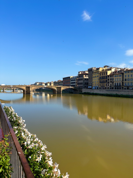 The world-famous Ponte Veccio crosses the river in Florence.