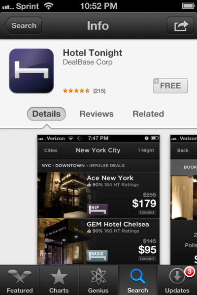 Screenshot of Hotel Tonight application (Photo by Elizabeth de Armas). 