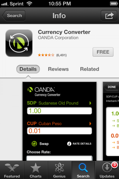 Screenshot of OANDA Currency Converter application (Photo by Elizabeth de Armas). 