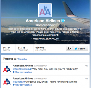 Screenshot of American Airlines Twitter page with tweets to passengers about their flights. 