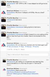 Screenshot of tweets between Priscilla Sanchez and American Airlines twitter handle, showing how they tried to help out Sanchez on her flight from DFW airport to IAH airport.