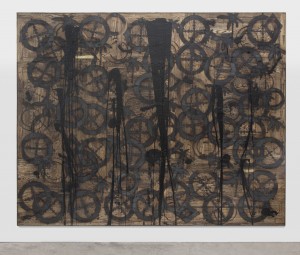 Rashid Johnson's "Houses in Motion," 2012, branded red oak flooring, black soap, wax, and spray enamel, Carlos and Rosa de la Cruz Collection, Miami (Image courtesy of David Kordansky Gallery, Los Angeles).