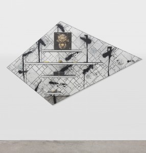 Rashid Johnson's "Watch This," 2012, mirrored tile, black soap, wax, vinyl in album cover, books, shea butter, oyster shells, space rocks, and spray enamel, Heller Family Collection, Chicago (Image courtesy of the artist).