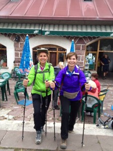 Joni Lucci and Debbie Garson prepare for a 15 mile hike from Roncevailles to Zubiri along te Camino de Santiago on the second day of their journey (Photo courtesy of Joni Lucci).