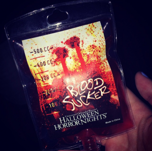 After each haunted house, visitors can find stands selling Halloween Horror Nights Blood Suckers - red Jello shots inside a plastic blood bag. (Photo by Nicky Diaz)