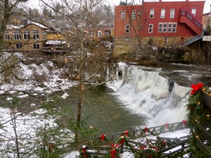 Coursing through the center of town, the Chagrin River overflows two sets of waterfalls that give the village its name (Photo by Samantha Lucci).