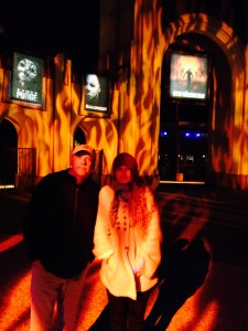 Osvaldo Vacca and his daughter Donatella stand in front of Universal's Halloween Horror Nights' Gates. Both wear layer upon layer of clothing trying to keep warm in an unseasonably cold night. Photo by: Donatella Vacca