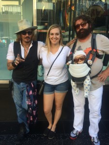 UM student Stephanie Meadows with actors impersonating Johnny Depp and Zach Galifinakis (Photo by Lexi Williams).