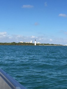 The Cape Florida Lighthouse sits on the white sands of the shore where sun bathers and picnickers come to relax. In the eighteenth century pirates were known to terrorize this coast. 