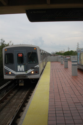 The new Orange Line runs from Dadeland South to the MIA Metrorail Station. The trains are marked with signs that say “Orange Line” on the front and back windows (Photo by Bolton Lancaster).