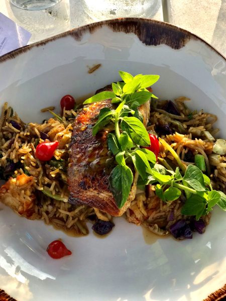 Salmon on Lobster Fried Rice from 95 Ocean Restaurant at Nonantum Resort.